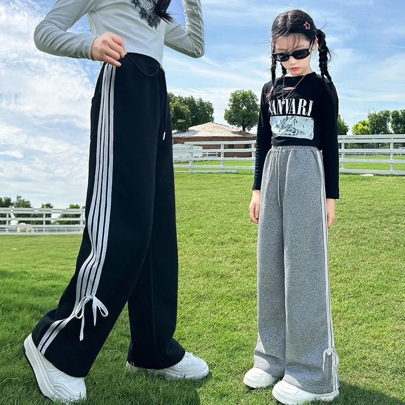 

Korean Kids Slim Fit Drawstring Pants with Side Stripes for Girl Casual Straight Sweatpants Sports Trousers Child Trackpants