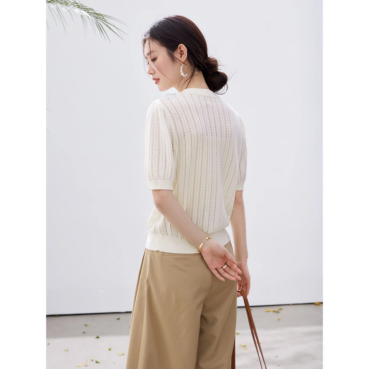 VIMLY Women's Crew Neck Cable Knit T-shirt 2026 Summer New French Cut Out Rhinestone Lightweight Lyocell Short Sleeve Top  75359