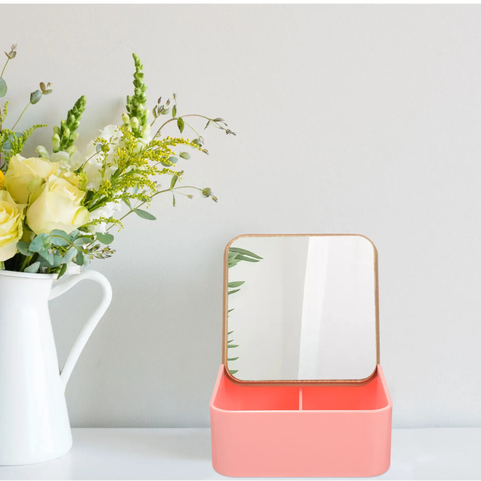 

Multipurpose Desktop Bamboo Wood Makeup Mirror Storage Box Clamshell Style Stable Base Cosmetics Organizer Household Table