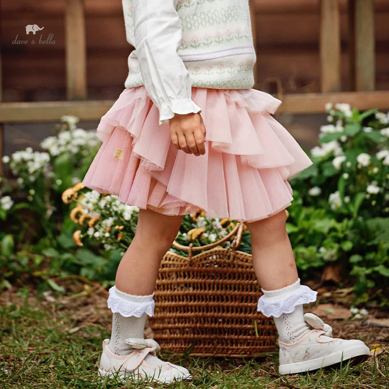 Dave Bella 2024 New Spring Children's Girl's Skirt Pink Mesh Cute Classy Noble Sweet Casual Fashion Outdoor Party DB1248248