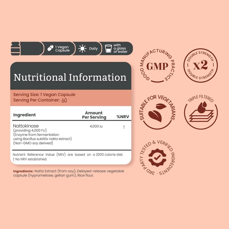 Nattokinase 4000 FU Per Capsule, High Efficacy, Non GMO Soy Extract - Clean Label, 60 Capsules