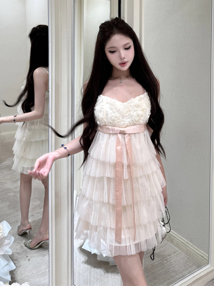 Handmade Rose  Knot Cake Strap Dress Sweet Girl Age Reduction Sleeveless Short Skirt Elegant High Waist Summer Dress
