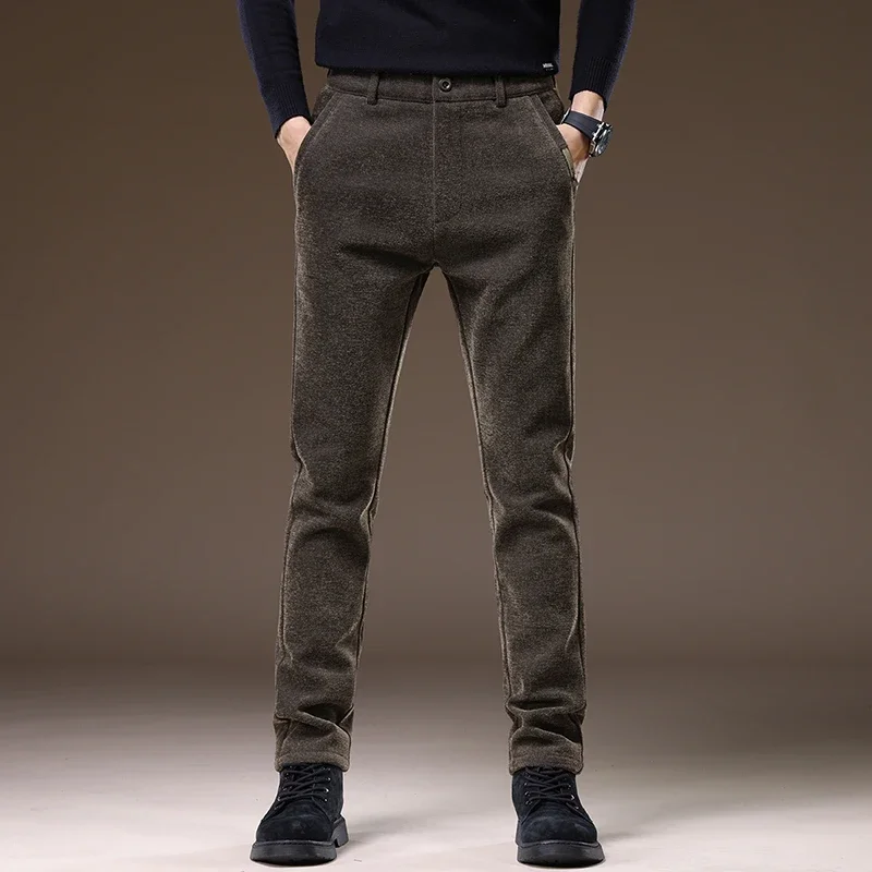 ماركة الخريف الشتاء الفاخرة سراويل تقليدية الرجال سميكة الأعمال مرونة الخصر ضئيلة الكورية نحى النسيج البني السراويل الطويلة الذكور