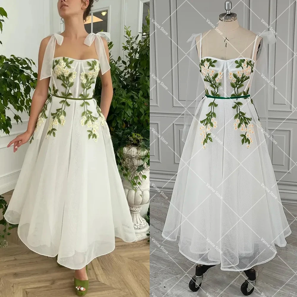 Customized Midi Embroidery Flowers Prom Gowns Holidays Sweetheart Green Leaf Appliques Swing Dance Birthday Dress Velvet Sash