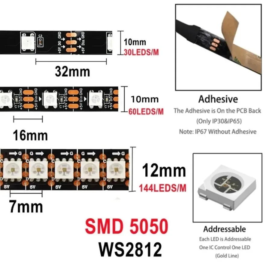 DC5V LED RGB Strip Light 0.5‑5m Flexible Individually Addressable Smart Pixel Tape Light 30/60/144LEDs/m for DIY Decor Lighting