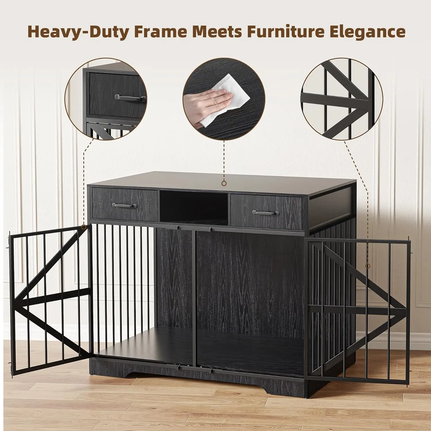 أثاث كبير للكلاب مقاس 44 بوصة، حامل تلفزيون خشبي عالي التحمل لبيت الكلاب مع درجين، ديكور داخلي متعدد الوظائف