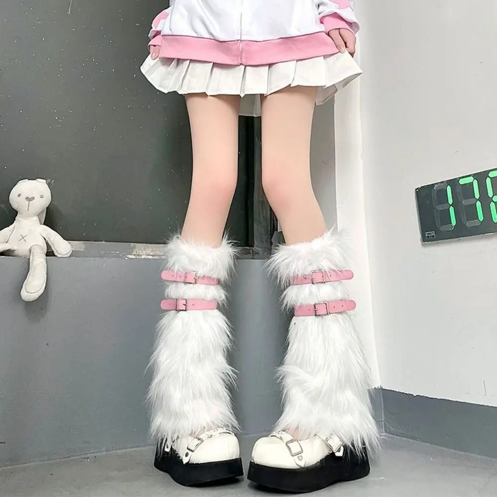 

Winter with Leather Belt Boot Socks Warm Soft Furry Foot Covers Lolita Punk Faux Fur Ankle Warmer Women Girls
