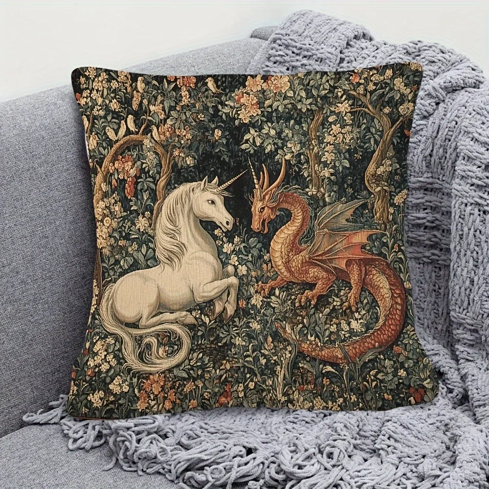 1pc Unicorn and Dragon Medieval Throw Pillow Cover, 2D Double-Sided Print Soft Polyester Cushion Case for Home Sofa Bedroom Car