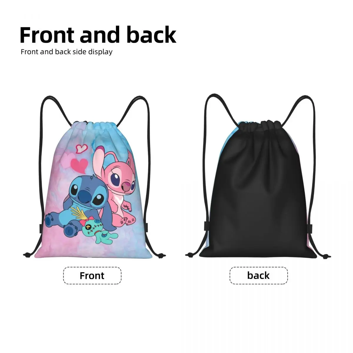 Custom Stitch Angel Drawstring Backpack Sports Gym Bag for Men Women Disney Anime Training Sackpack