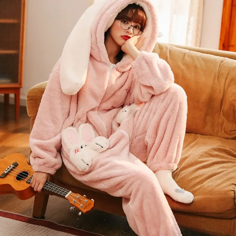 Coral Velvet Onesies Women Cute Rabbit Preppy Cartoon Hooded Kawaii Thicker Keep Warm Cotton Pajamas Homewear Sweet Girl New