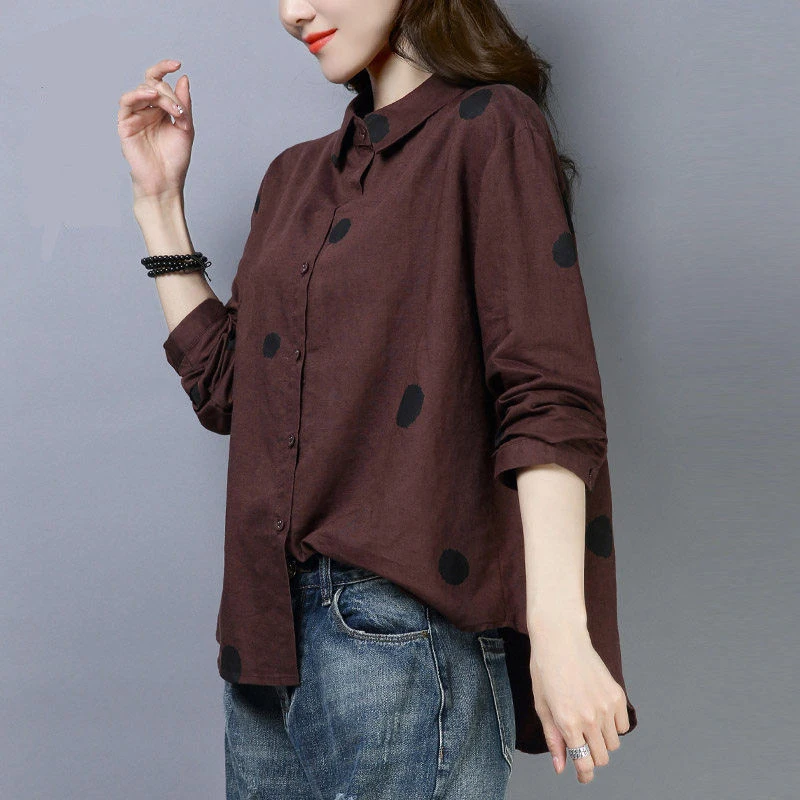 Plus Size Shirt Women Polka Dot Cotton Linen Shirts woman Spring Autumn Long Sleeve Casual Blouse Ladies Tops New 2023