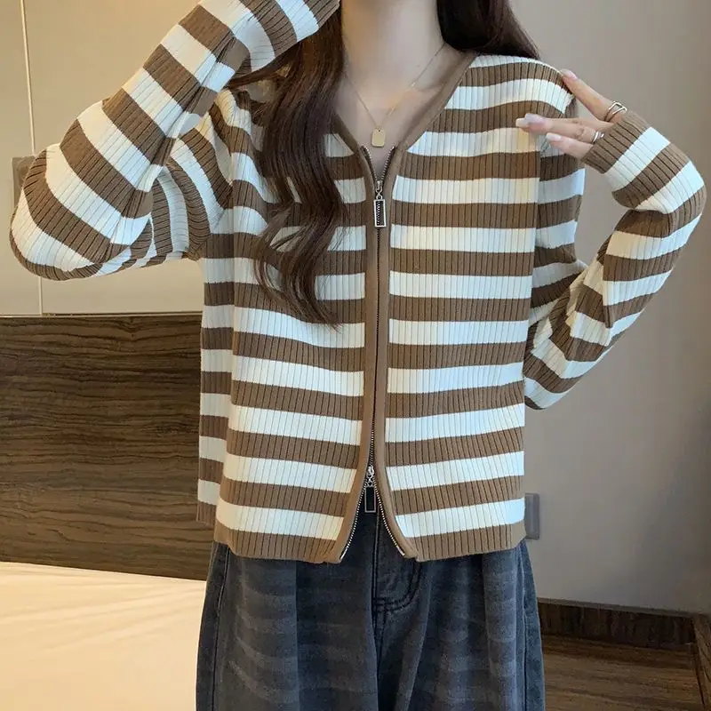 سترة صوفية محبوكة مخططة بأكمام طويلة للنساء في الخريف الكورية فضفاضة بسحاب