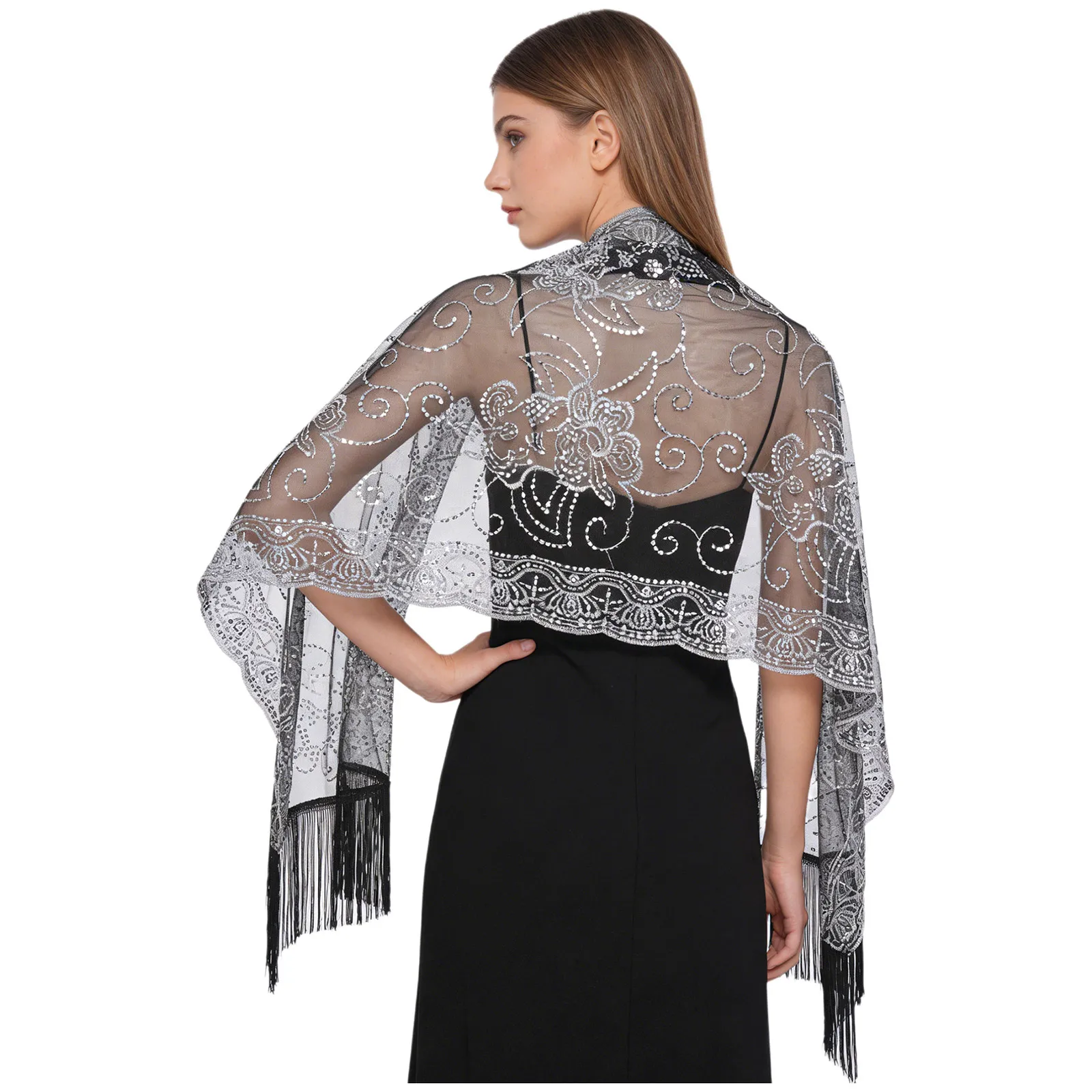 Womens Vintage Sequin Cardigan Bolero Shawl Shrugs Floral Pattern Fringed Sheer Cover Up Wraps Scarf for Cocktails Evening Party