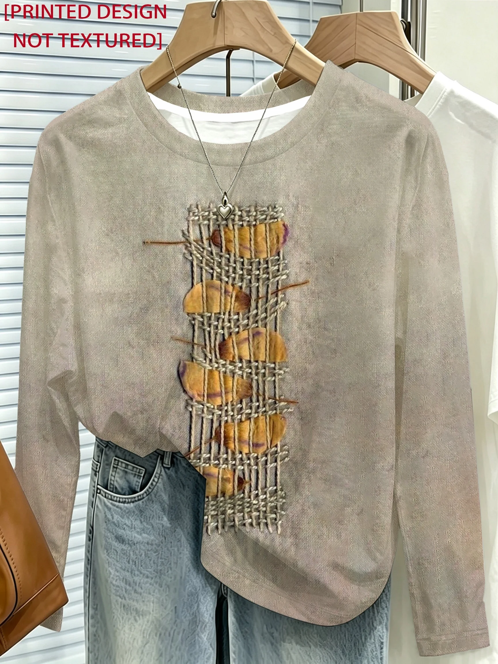 Women T‑shirt Art Abstract Woven Grid Print Crew Neck Long Sleeve Autumn Winter Casual Daily Tee Top Women's Clothes