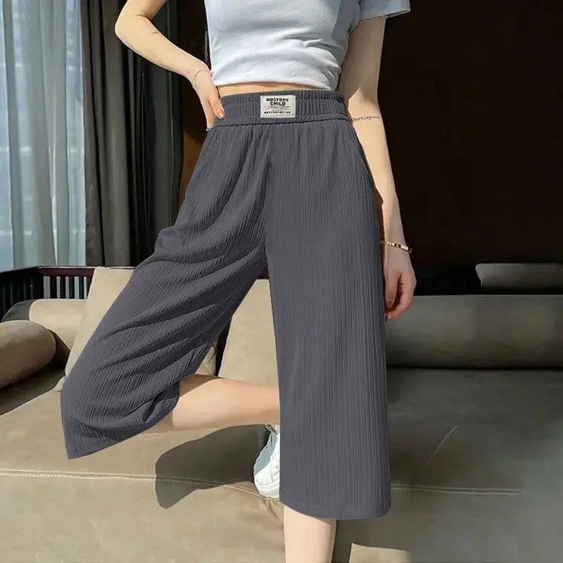 طيات الكورية السراويل واسعة الساق الصيف رقيقة بلون عالية الخصر مرونة الملابس النسائية كل مباراة مستقيم فضفاض السراويل الجديدة