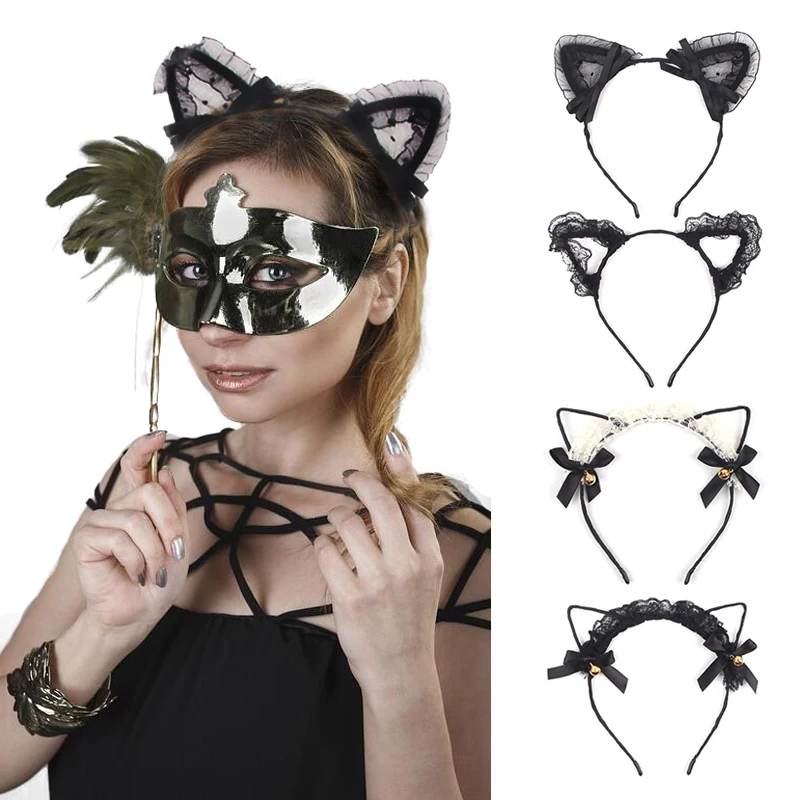 

Cartoon Cute Black Lace Cat's Ears Headband For Women Adults Sexy Hollow Rabbit Ear Bow Festival Party Women's Hair Accessories