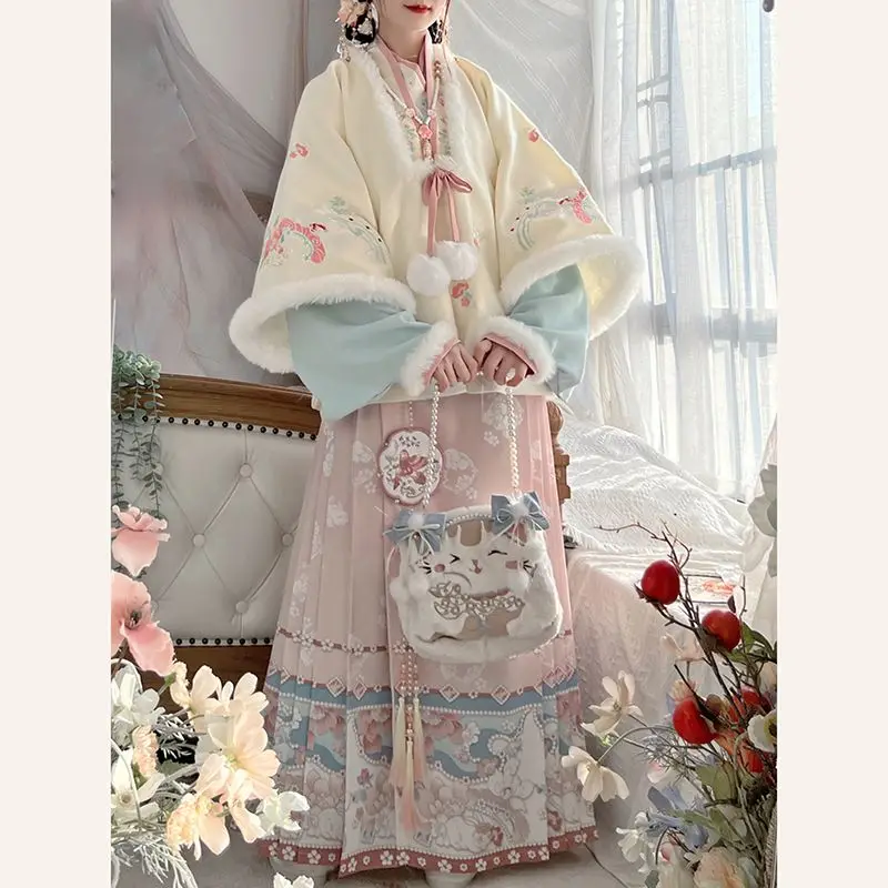 Autumn Winter Ming Dynasty Hanfu Dress Set Women Vintage Sweet Plush Bunny Embroidery Princess Dress Lady Chinese Style Robes