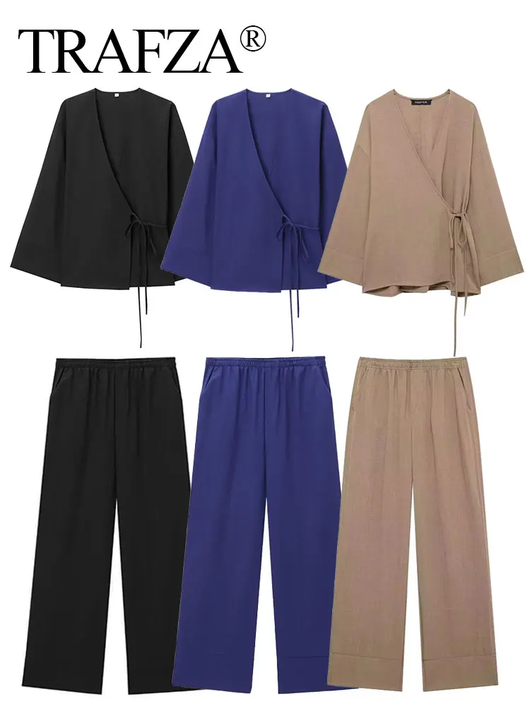 TRAFZA Garnitur damski V-Neck Wrap Front Kimono Lace Up Blouse Pant Sets Elastic Waist Back Patch Pockets Trousers Y2K Solid Outfit