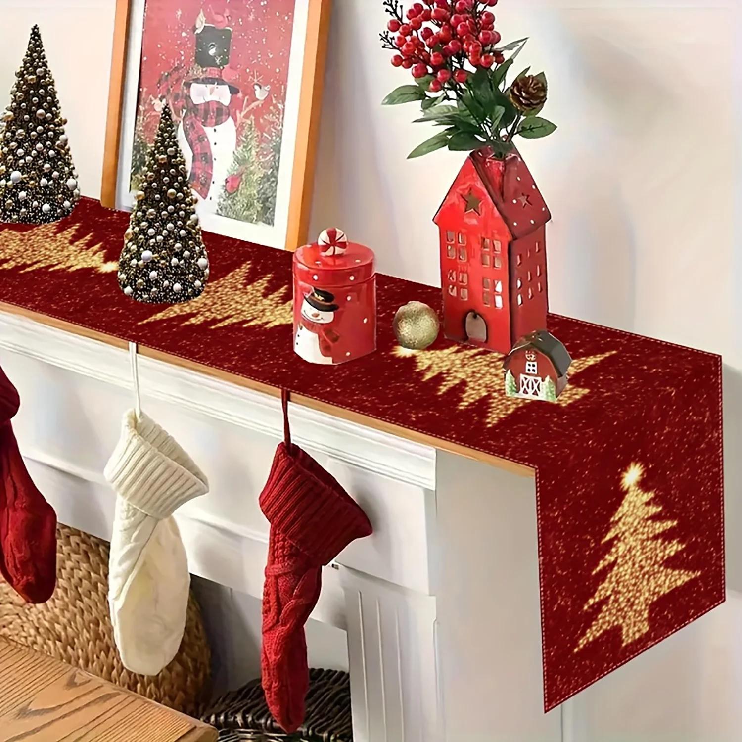 

Christmas Golden Star Tree Red Background Table Runner Kitchen Dining Table Decoration Holiday Table Setting Kitchen Table Deco
