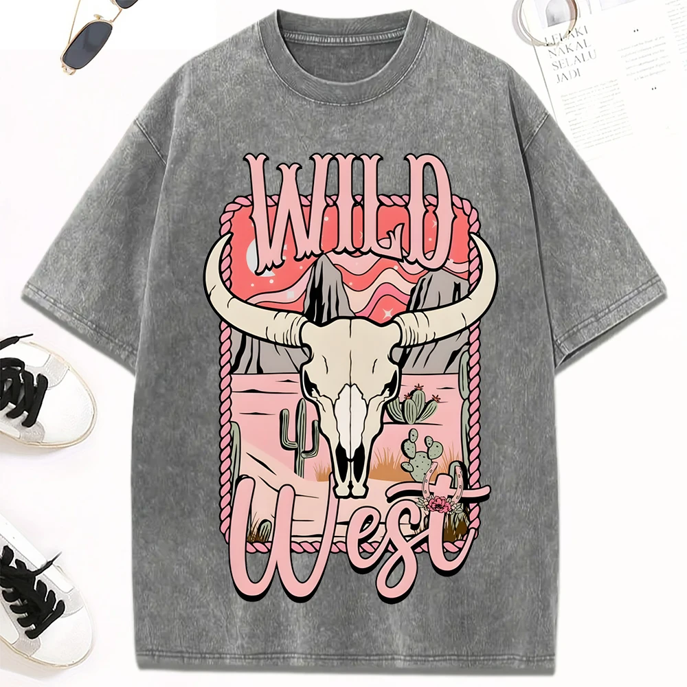 

Wild West Cactus Mountain Range Print Washed Tee Shirt Women All-Match Cotton T-Shirt Sport Summer Top Hip Hop Soft Short Sleeve