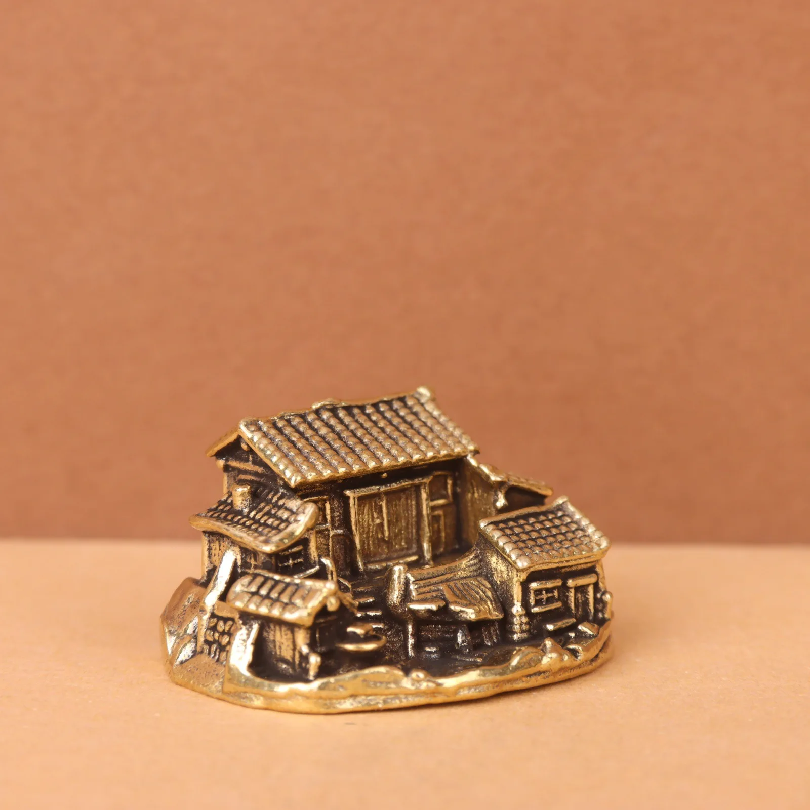 Farmhouse Small Statue Brass Mini Chinese Countryside House Figurines Rustic Cottage Desktop Ornaments Home Decorations Crafts