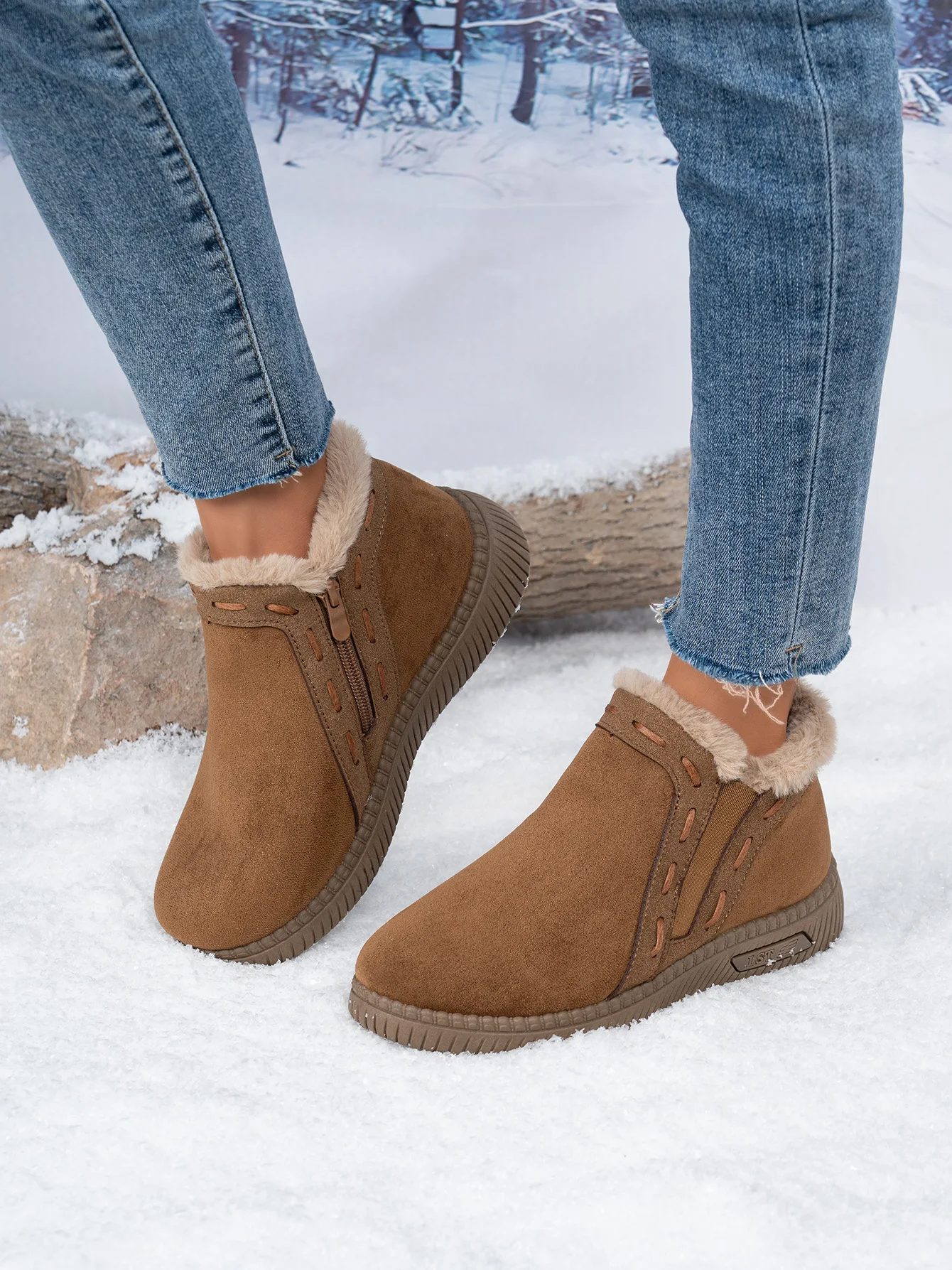Damen-Winterstiefel Braun Damen-Knöchelstiefel mit seitlichem Reißverschluss, warm gefüttert mit Fleece, rutschfeste flache Schneestiefel für den täglichen Outdoor-Gebrauch. – Detail 10