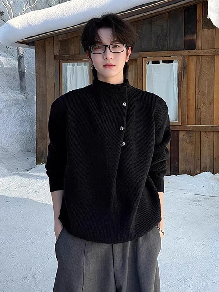 

Korean Sle Asymmetric Button Knitted Sweater Men's f High Collar Autumn Winter Heavyweight Inner And Outer Wear