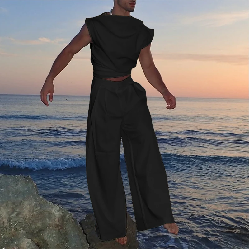 Incerun conjuntos masculinos cor sólida sem mangas plissado colheita tank tops & calças duas peças define streetwear solto 2025 moda ternos masculinos