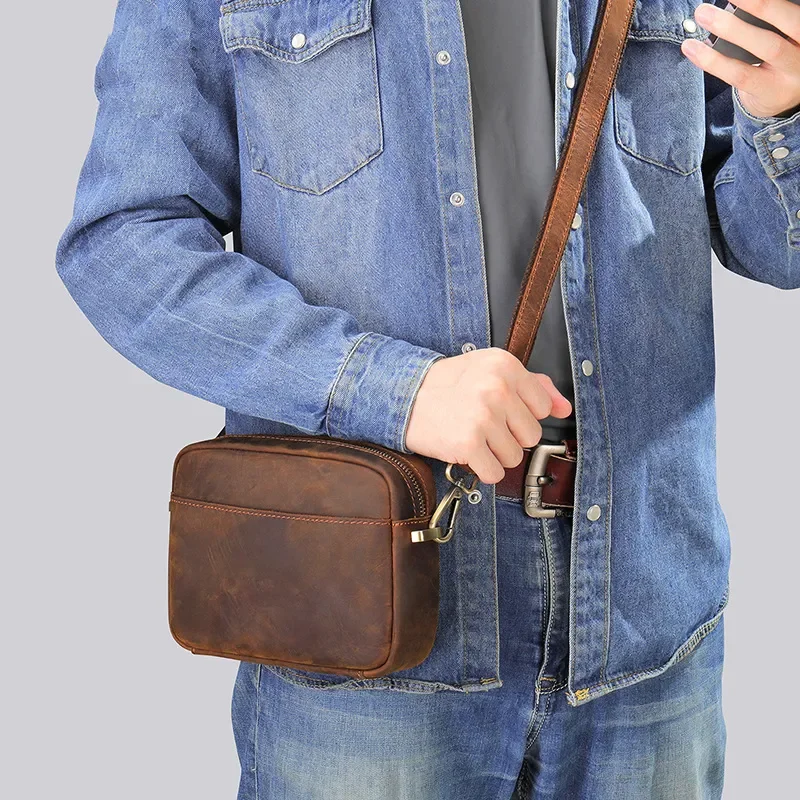 

Vintage Men's Crazy horse leather Crossbody bag Multifunction Clutch Wallet shoulder bag wrist bag 6685