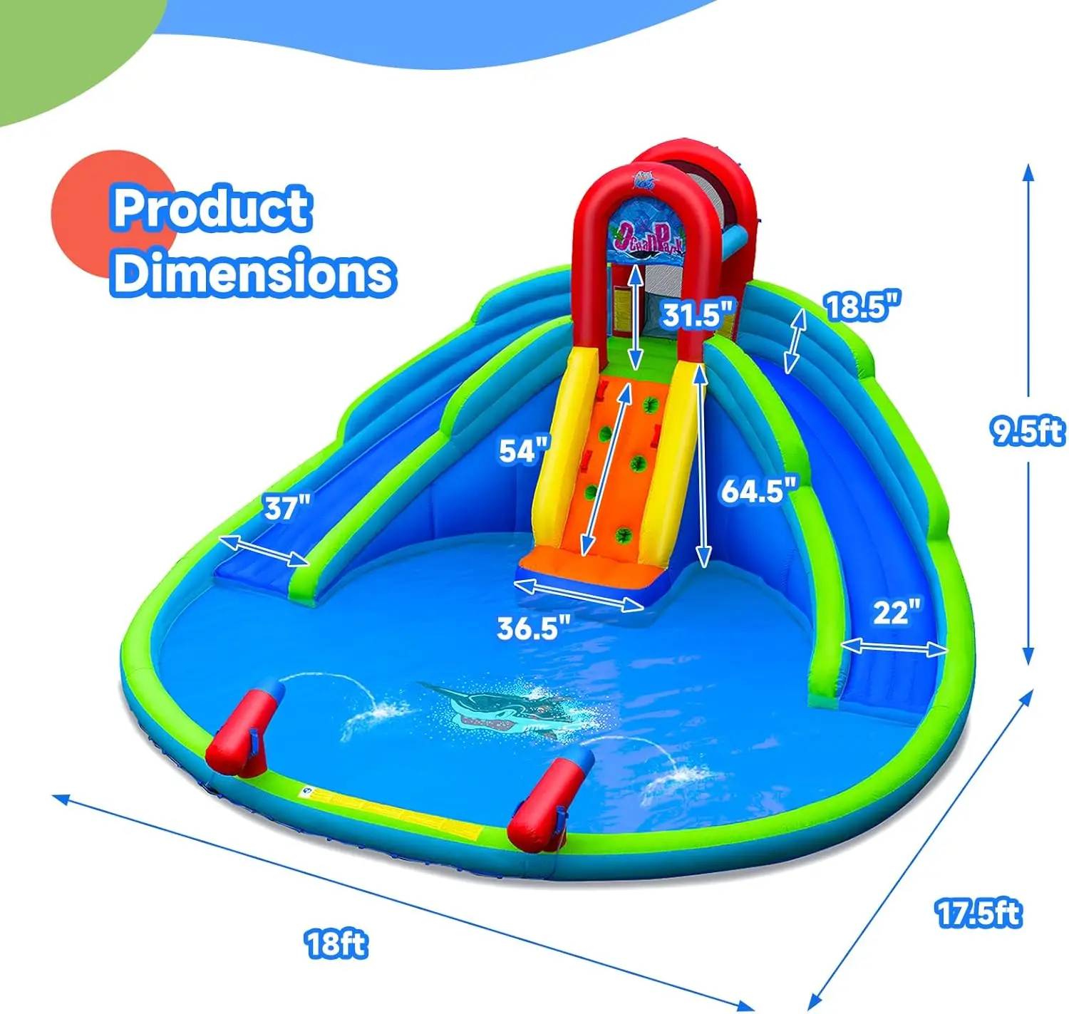 Nadmuchiwana zjeżdżalnia wodna, 18x17 stóp Mega Park ze zjeżdżalniami dla dzieci na świeżym powietrzu z 2 długimi zjeżdżalniami, basenem rozbryzgowym, modernizacją poręczy, wysadzeniem