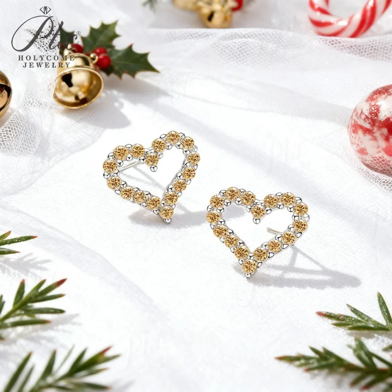 

Heart Earrings with D White Champagne Vivid Blue Light Green Round Moissanite S925 Ear Studs Women Daily Fishion Christmas Gift