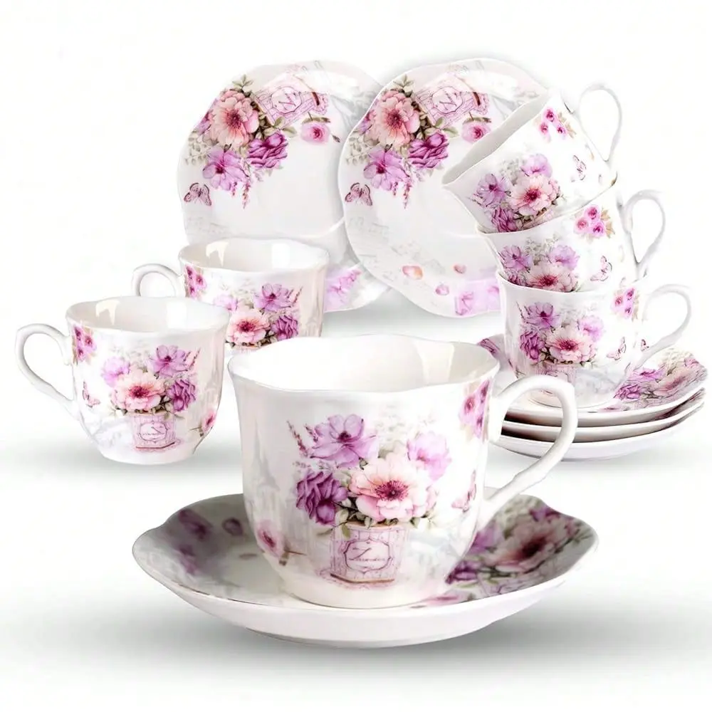 

Oz Porcelain Tea Cups And Saucers Set Of 6,Purple Fancy Floral Pattern Perfect For Cappuccino, Flat White Coffee, Americano, Ho