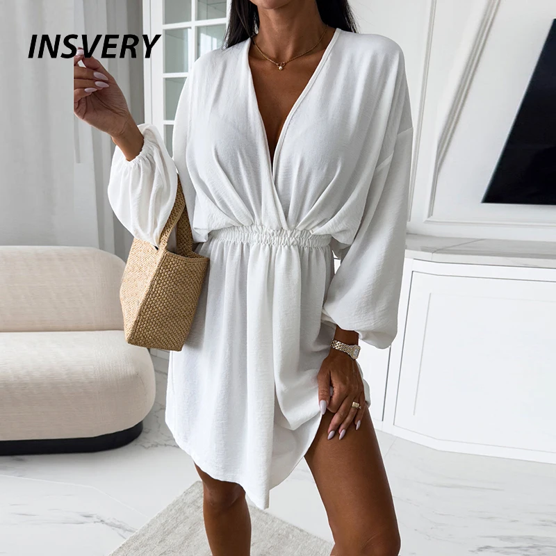 

Spring Autumn V Neck Long Sleeve Beach Holiday Dress Women Casual Solid A-line Loose Party Dresses White Black