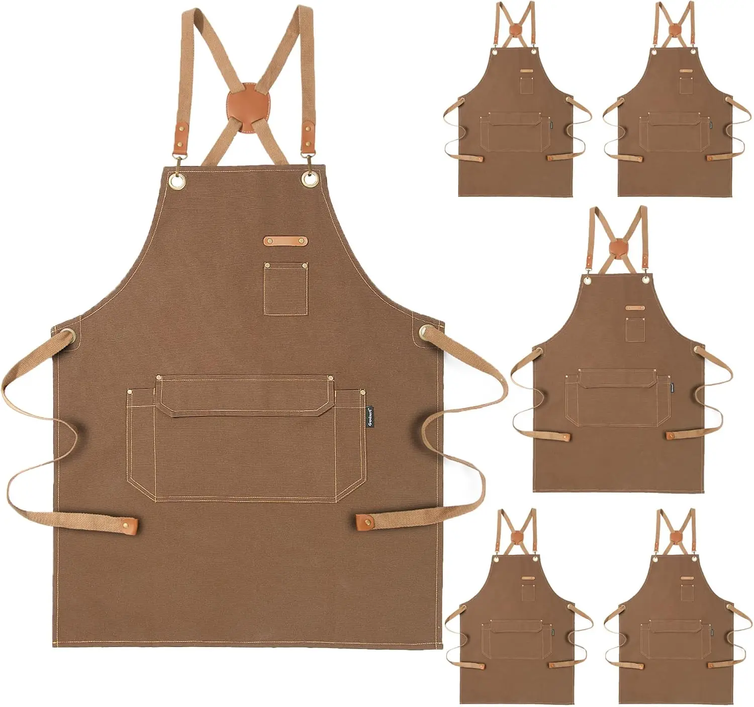 

6 Pack Chef Apron with Pockets, Cross Back for Kitchen Cooking Baking, Cotton Canvas Work Aprons (Brown, M to XXL)