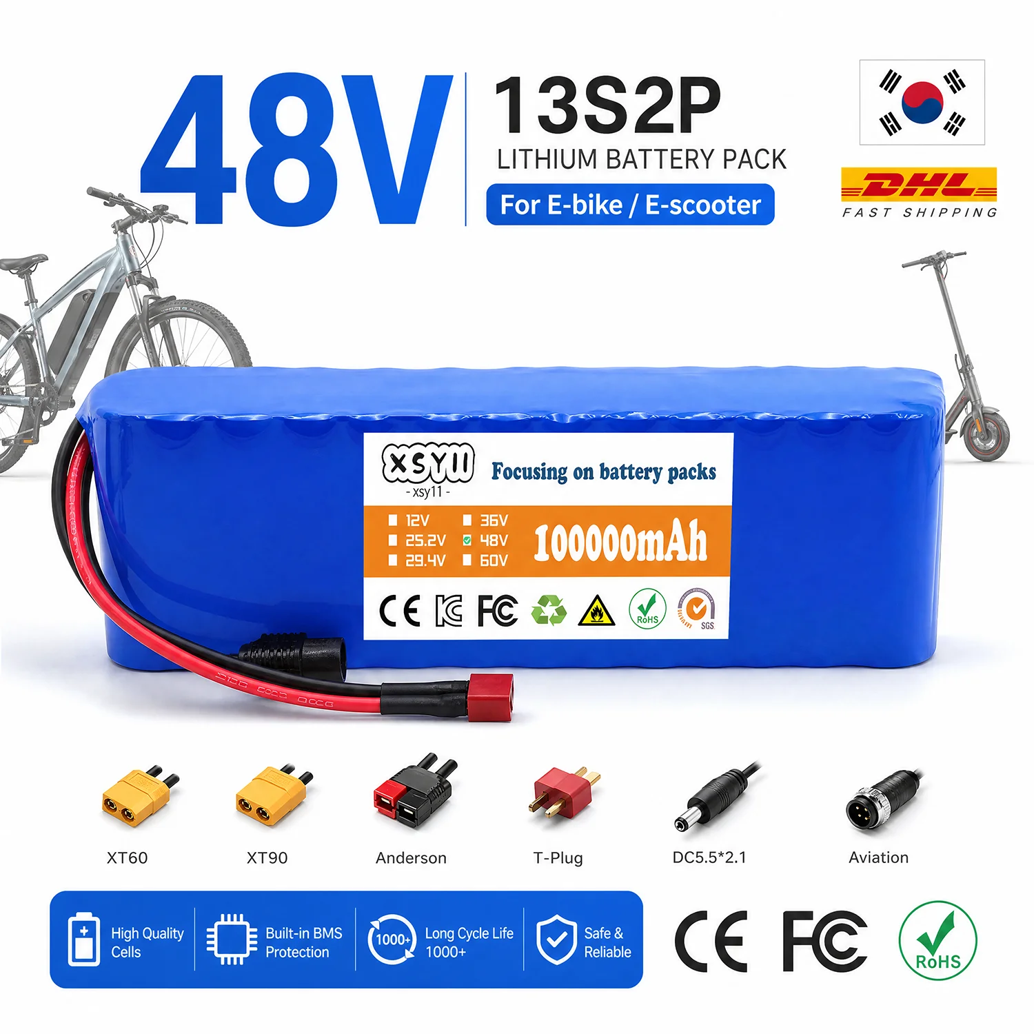 48V 100AH 13S2P Lithium Lon Battery Pack with BMS 350W To 750W Power Supply Electric Vehicle 54.6V Charger