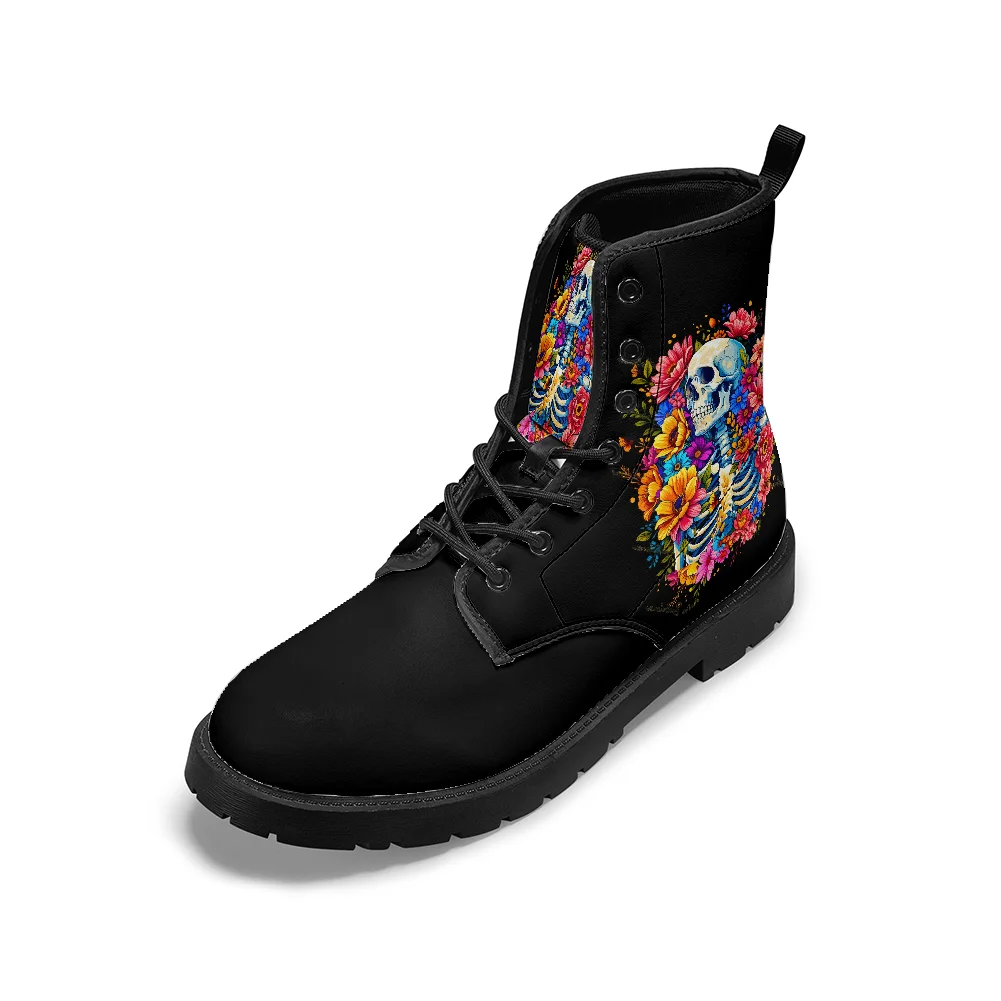 

Customizable bright-colored black mid-calf boots with floral and skull prints casual and stylish streetwear boots