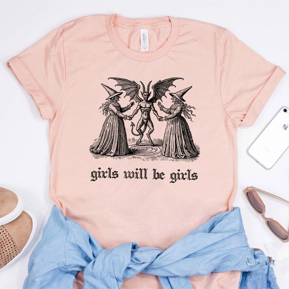 Girls Will Be Girls Witch Shirt Vintage Halloween T-Shirt Funny Feminist Tee Ironic Shirts Aesthetic Tshirt Spooky Witchy Tops