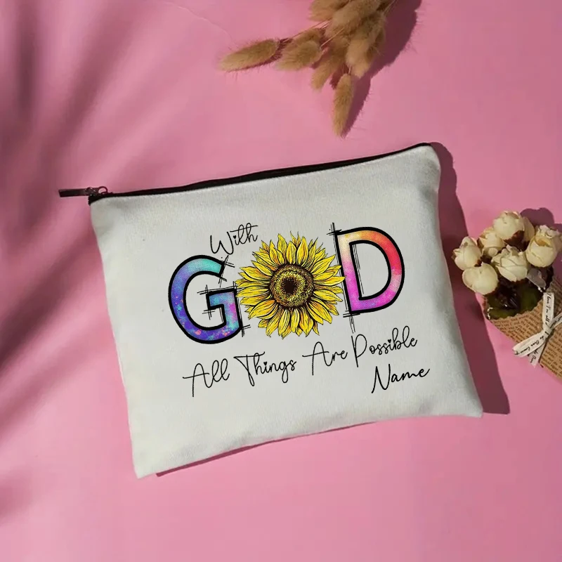 Gepersonaliseerd met God zijn alle dingen mogelijk Aangepaste naam Zonnebloem Cosmetische tas Religieuze make-up tas Christelijk cadeau Bijbelgeschenken