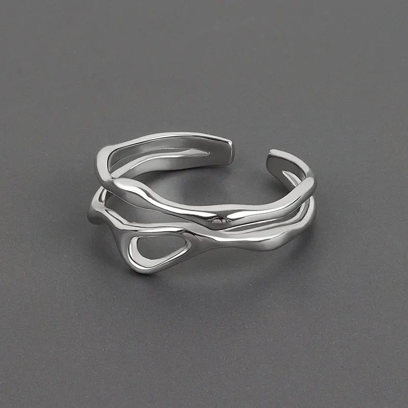 Silver Color Irregular Hollow Double Line Geometric Ring Female Simple Unique Design Fashion Adjustable Jewelry