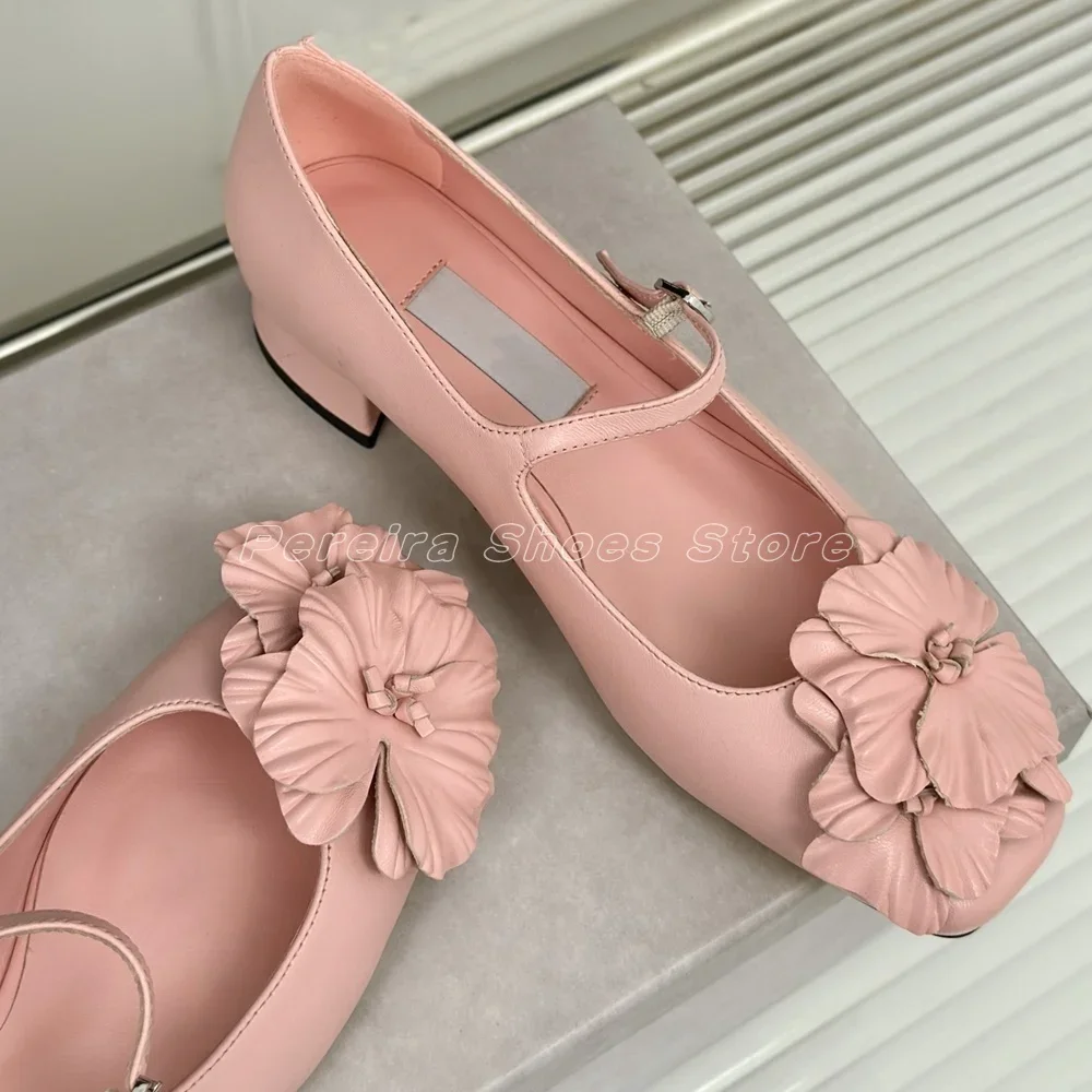 Spring Summer Sweet Flower Pattern Pumps Fashion Round Toe 2024 Gentle Style  Buckle Strap Cover Heel Flat Heel view 3