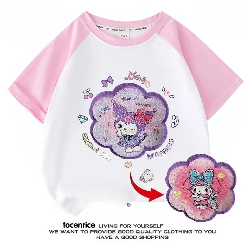 

New Style Summer Cotton Kuromi Anime Kawaii Sanrio Ins Short Sleeved Tops Cute Children My Melody Casual T-shirt Girls