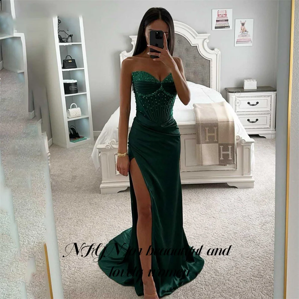 

NFYN Green Evening Dress Gown Glitter Sequin Mermaid Party Dresses with Pleat Sweetheart Sexy Side Split Prom Dress Customized