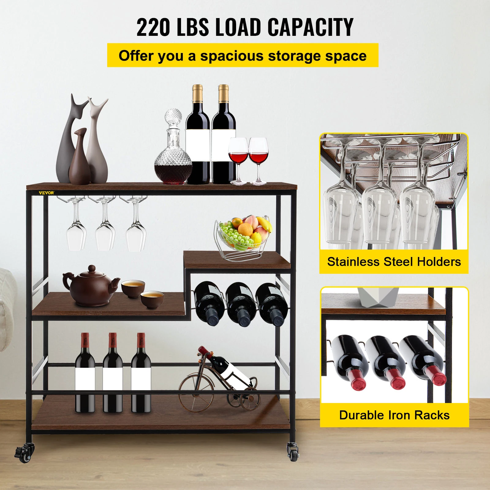 VEVOR 3-Tier Bar Wine Rack Serving Cart on Wheels Commercial Kitchen Food Truck Serving Buffet Sideboard Rack Glass Holder Home