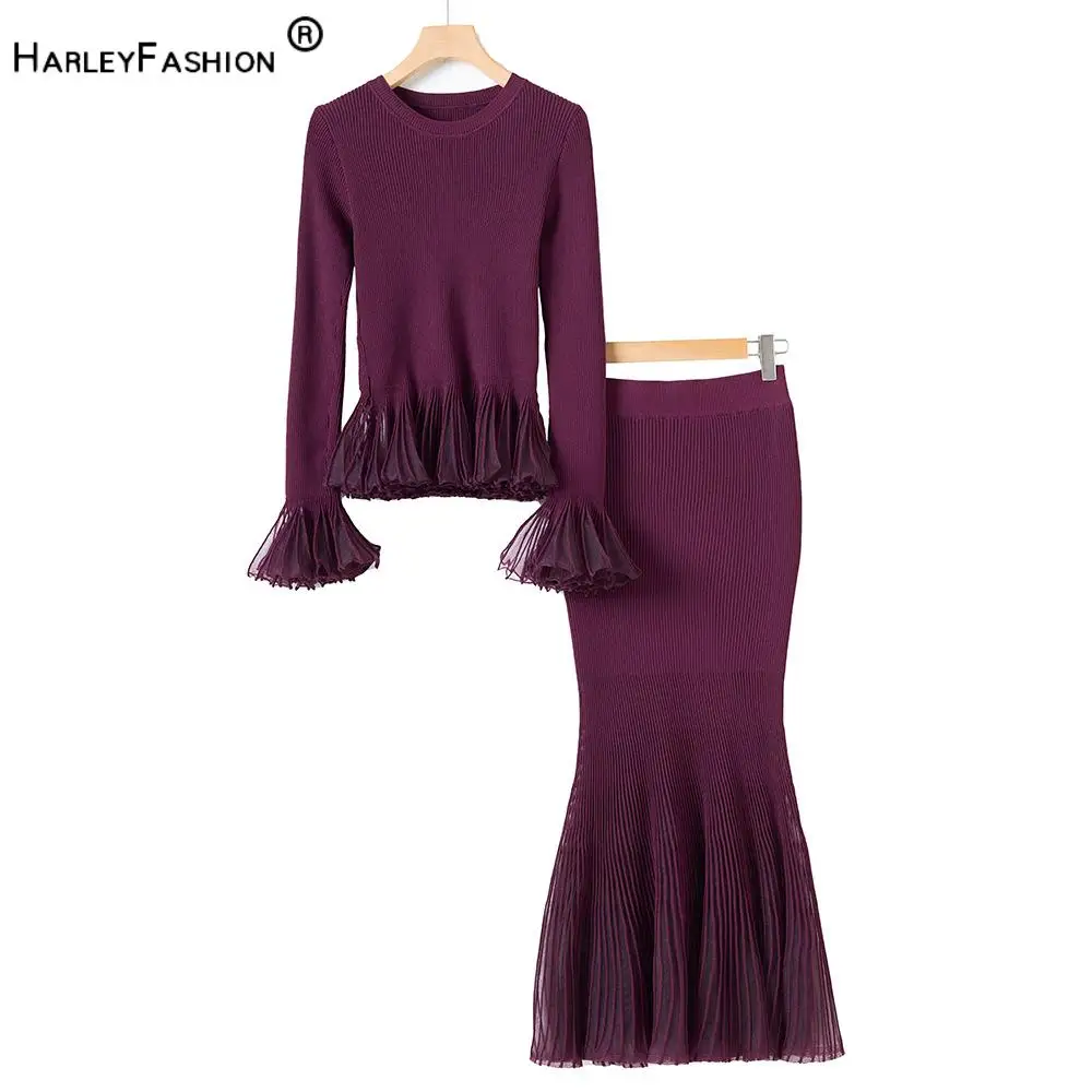 Lady Autumn Fashion Designed Tulle Patchwork Ruffles Suit O-neck Long Sleeve Pullover Tops Mermaid Long Skirt Women Knit 2pcs