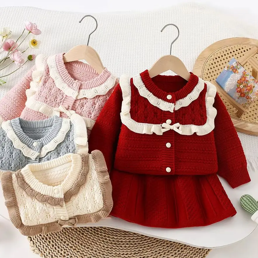 

2025 Girls' Winter Knitted Two-piece Set laid Lace Bow Knit Cardigan + Skirt 2pcs Cute Toddler Kids Knitted Sweater Knitted Swea