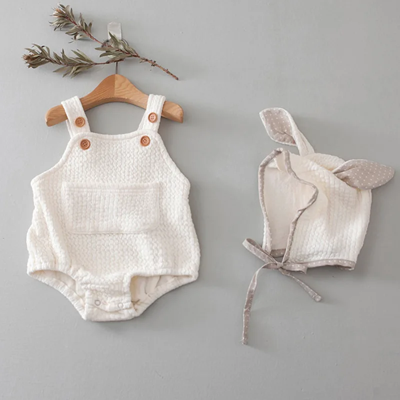 2025 Autumn New Baby Sleeveless Bodysuit Solid Infant Girl Cute Pocket Jumpsuit + Rabbit Ears Hat Newborn Cotton Clothes 0-24M