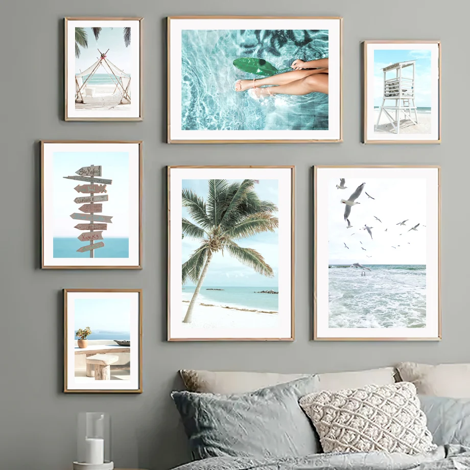 Beach Palm Tree Sign Birds Girl Surf Tent Wall Art Mural Prints Canvas Painting Nordic Poster Modern Decor Pictures Living Room