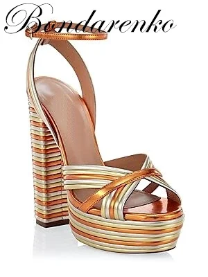 Women Metallic Chunky Heel Sandals Rainbow Shoes High Heels Peep Toe Ankle Strap Platform Sandals Zapatos Mujer Multi Color