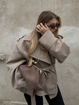 Women Lapel V-neck Belt Trench Coat Lace Up Button Full Sleeve Short Thin Windbreak 2026 Lady New Fashion Daily Street Outerwear 3