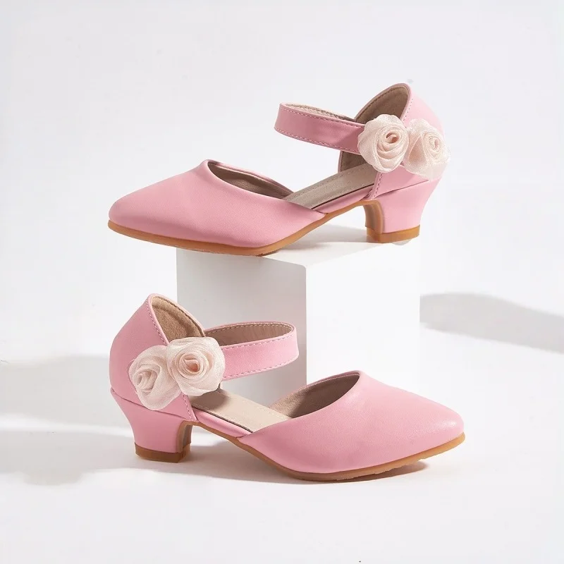 Girls High Heel Sandals 2026 Children's New Pointed Toe Floral Princess Pink Dress Shoes Kids Fashion Non-Slip Breathable